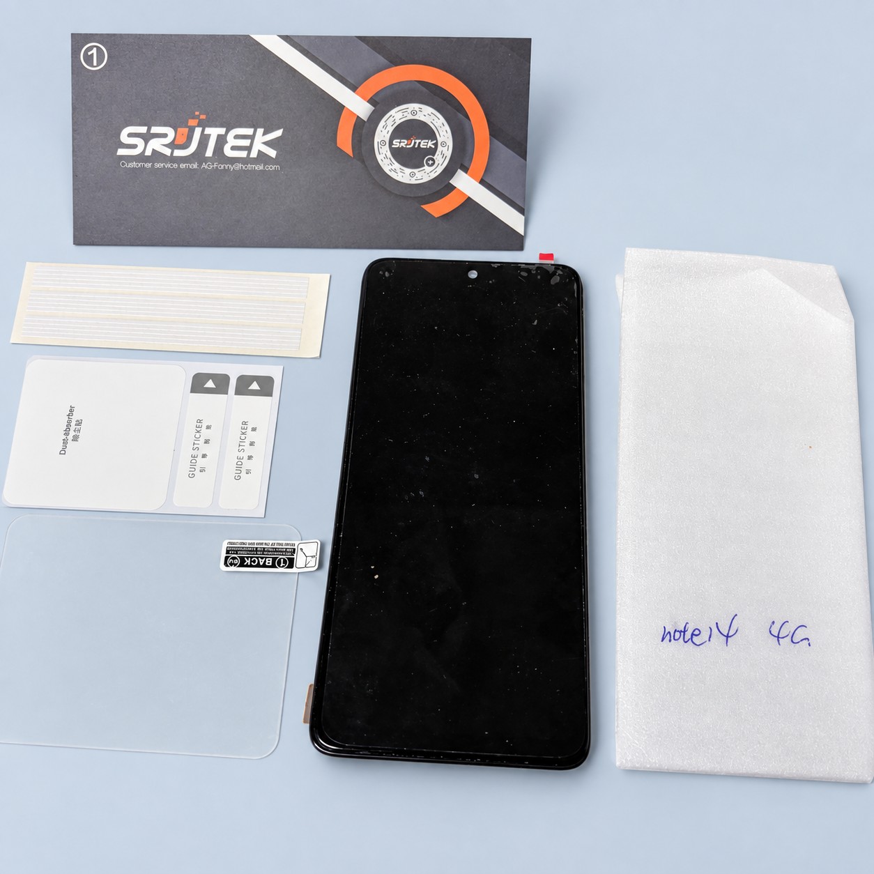 Ladyson Wyświetlacz LCD Xiaomi Redmi Note 14 4G z ramką — aranżacja poglądowa AI na szaroniebieskim tle