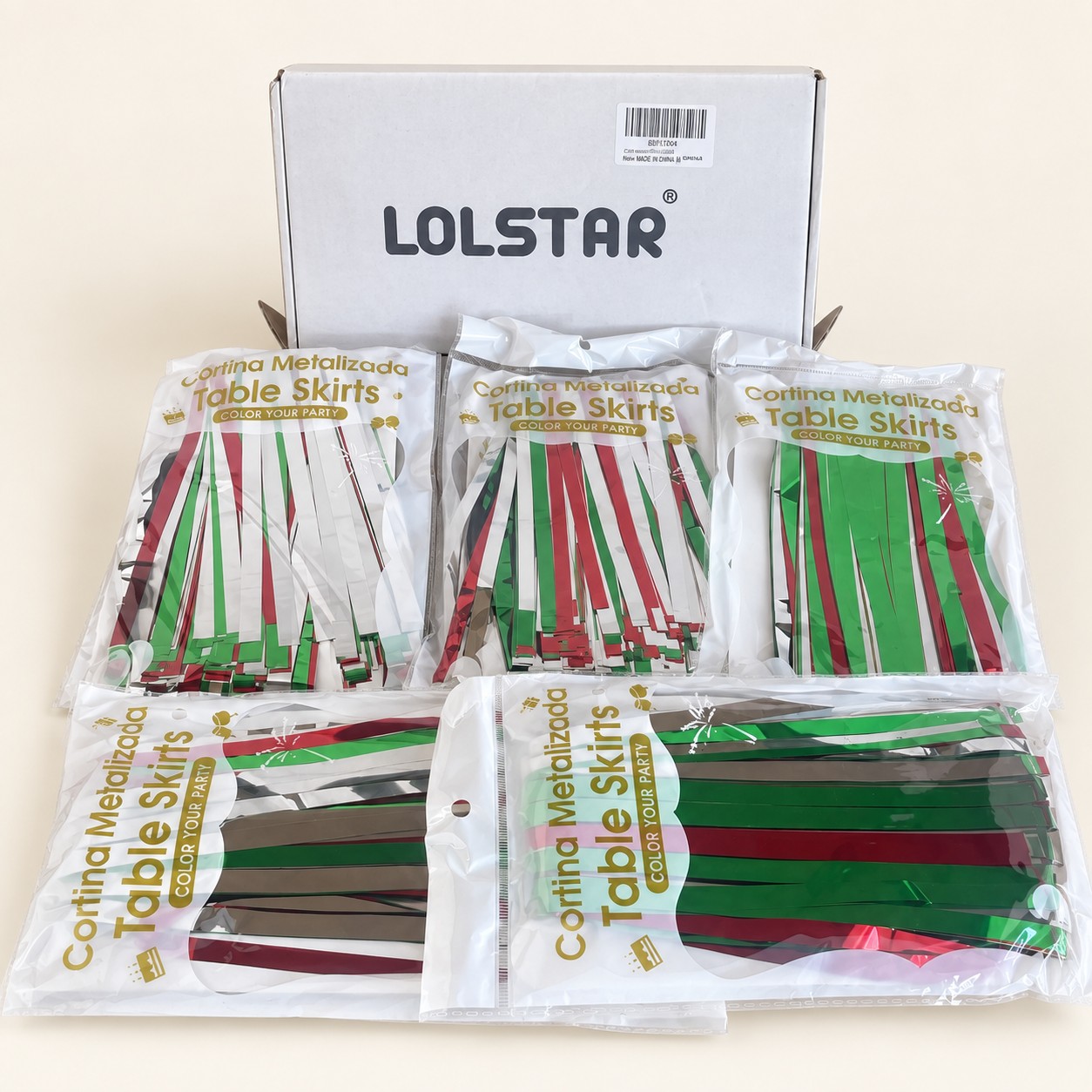 LOLStar Kurtyna imprezowa foliowa świąteczna 5 szt. — aranżacja poglądowa AI na jasnym tle