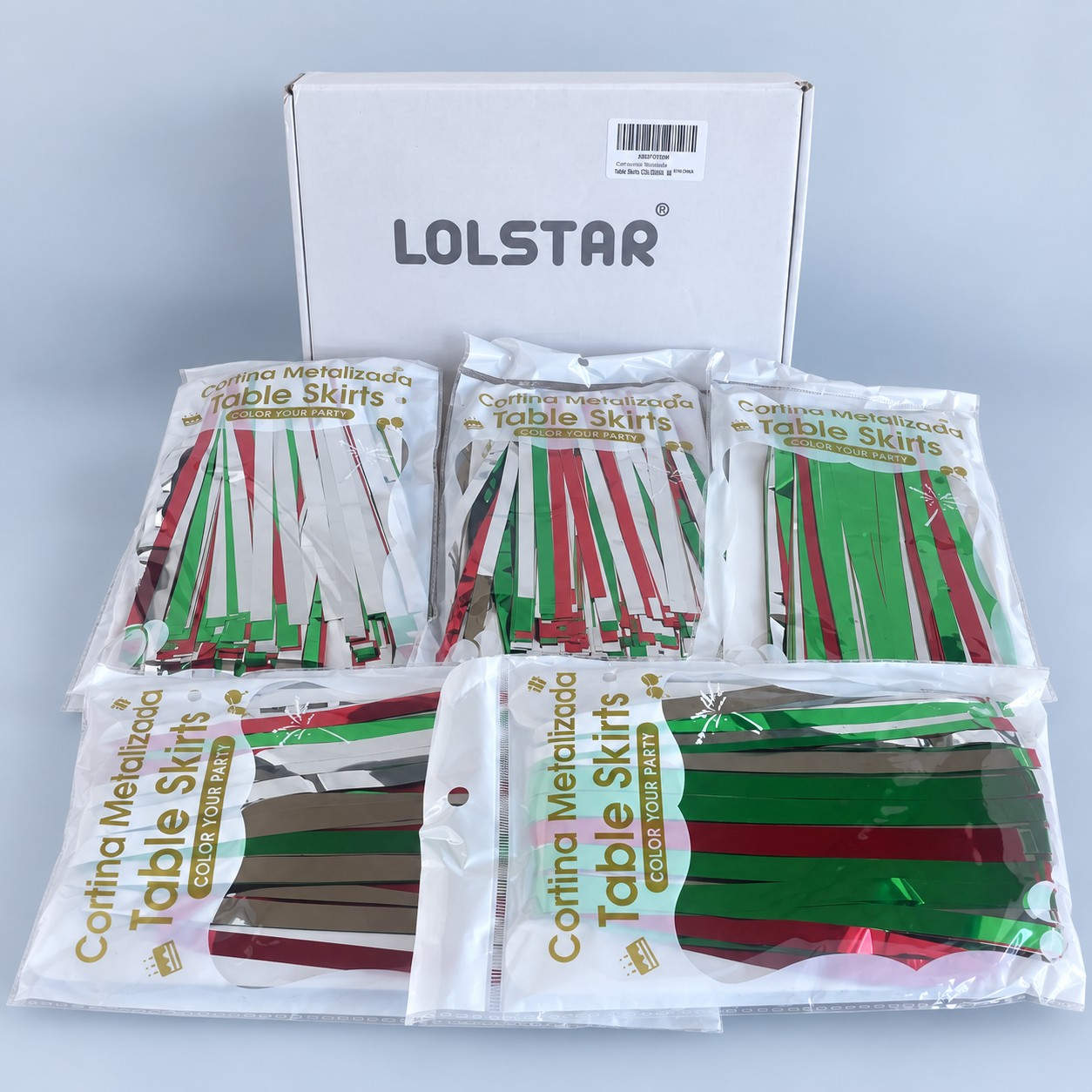LOLStar Kurtyna imprezowa foliowa świąteczna 5 szt. — aranżacja poglądowa AI na szaroniebieskim tle