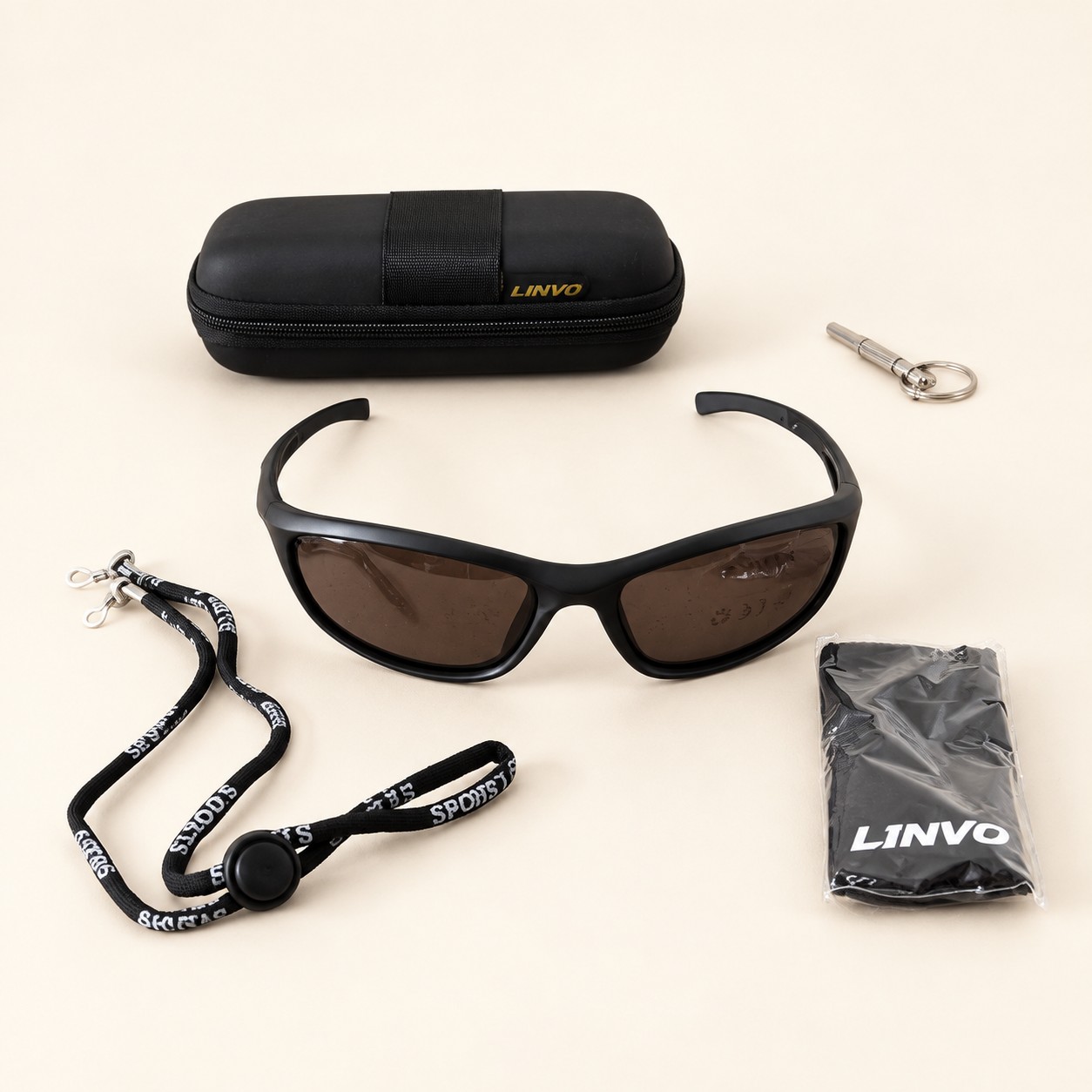 Linvo okulary sportowe z etui i paskiem — aranżacja poglądowa AI na jasnym tle
