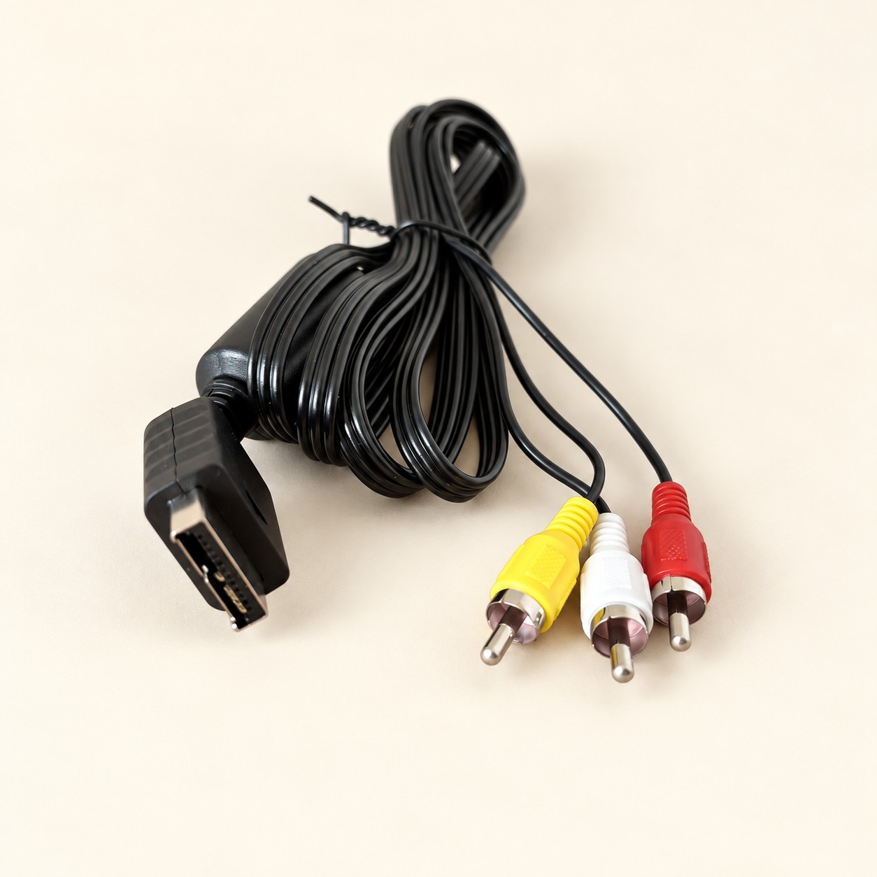 Kabel AV RCA do konsoli Nintendo — aranżacja poglądowa AI na jasnym tle