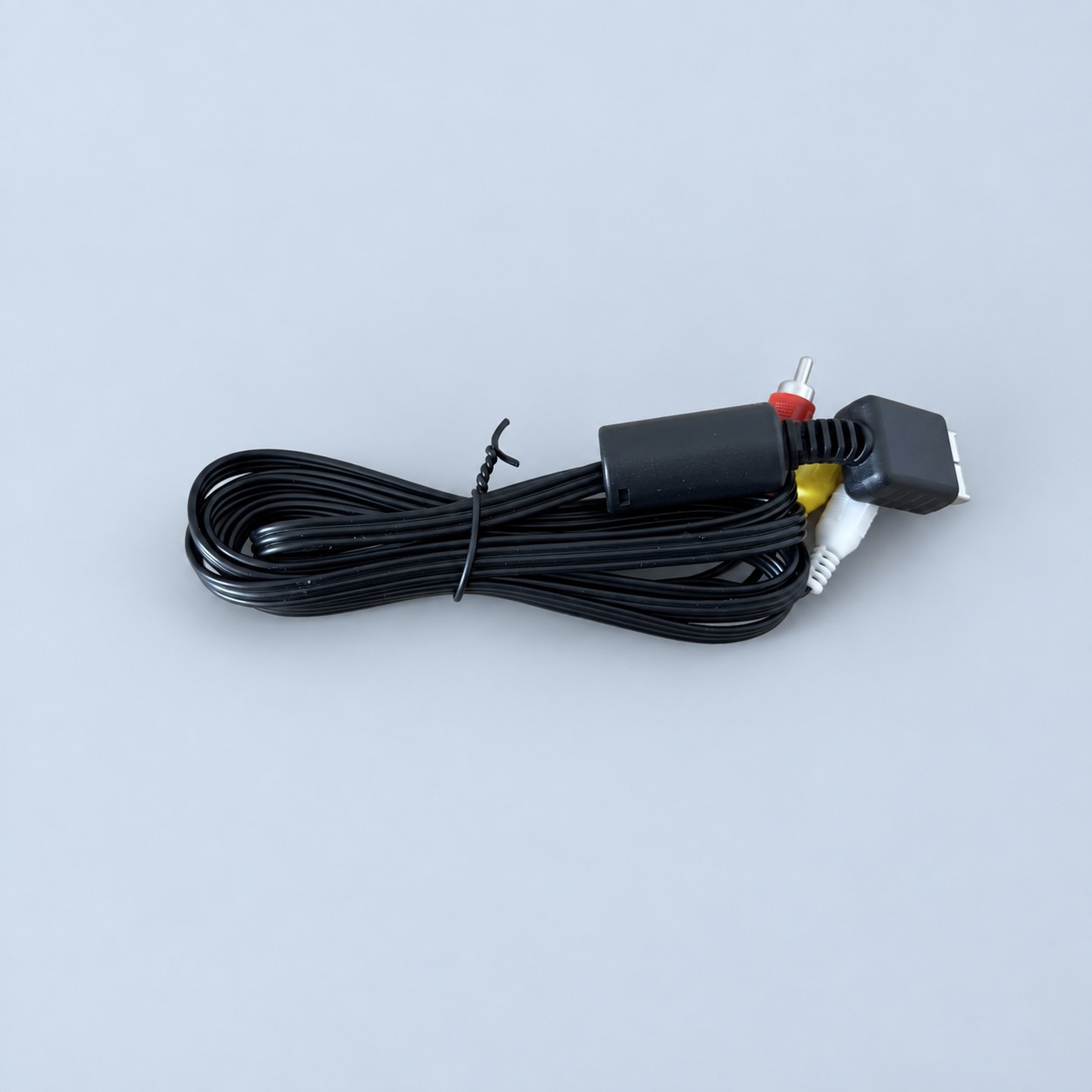 Kabel AV RCA do konsoli Nintendo — aranżacja poglądowa AI na szaroniebieskim tle