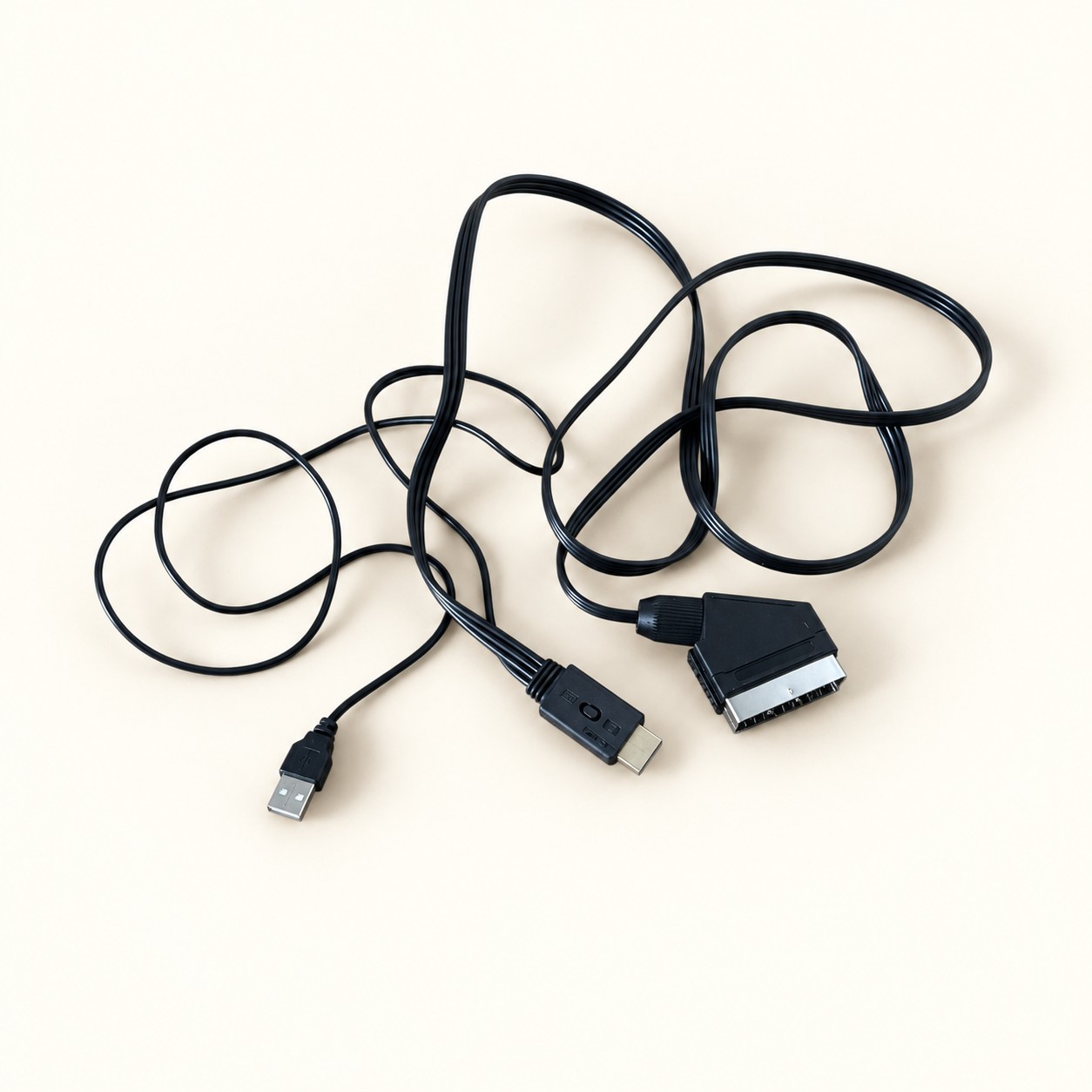 Konwerter SCART HDMI — aranżacja poglądowa AI na jasnym tle