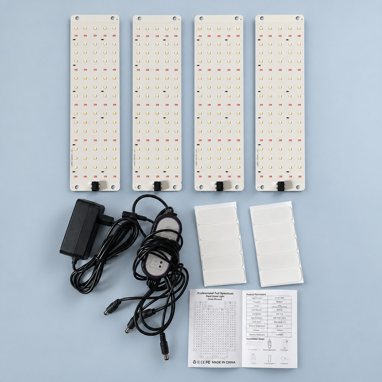 Lampa LED do roślin Full Spectrum 36W 4 szt. — aranżacja poglądowa AI na szaroniebieskim tle
