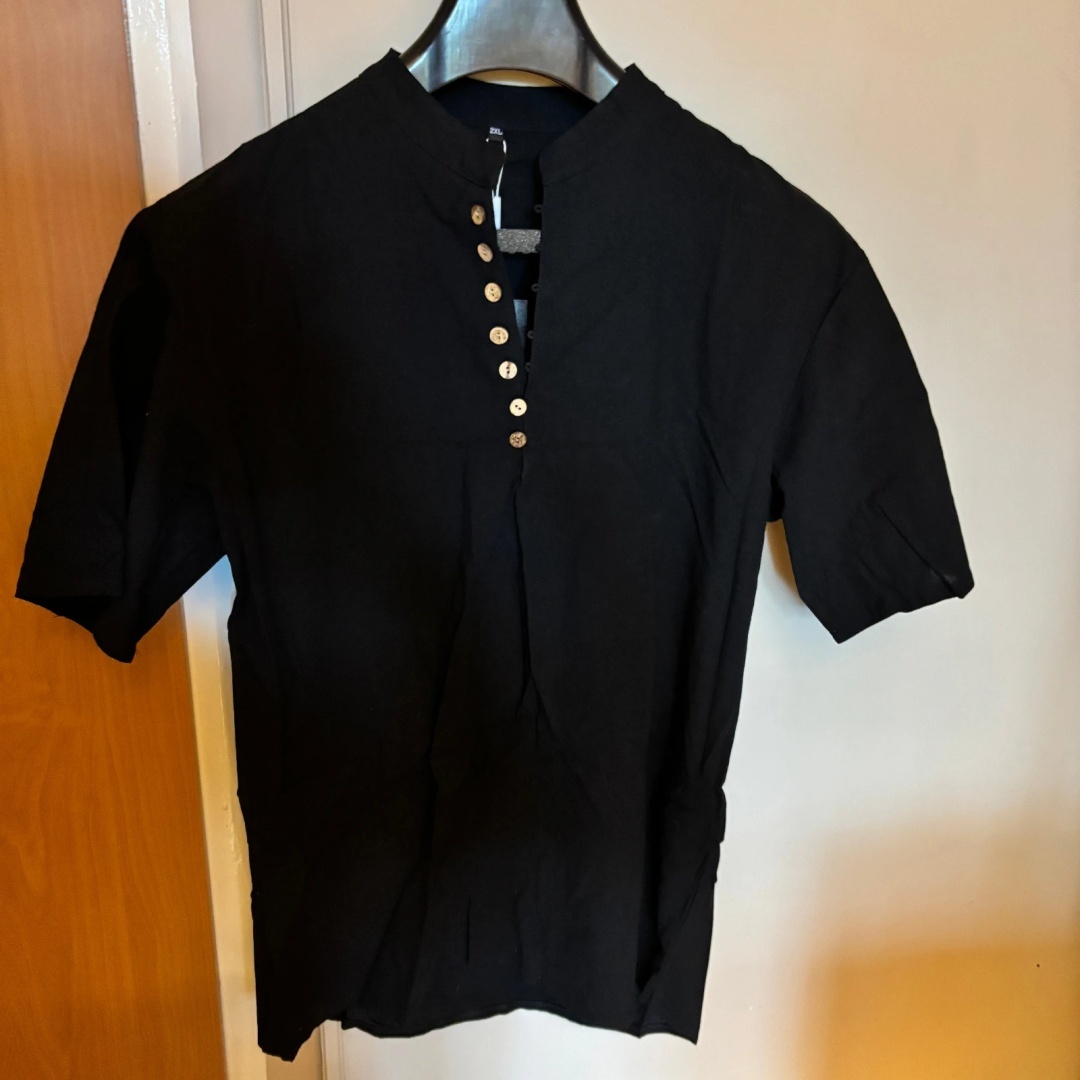 Męska koszula lniana z krótkim rękawem, stójka - 2XL